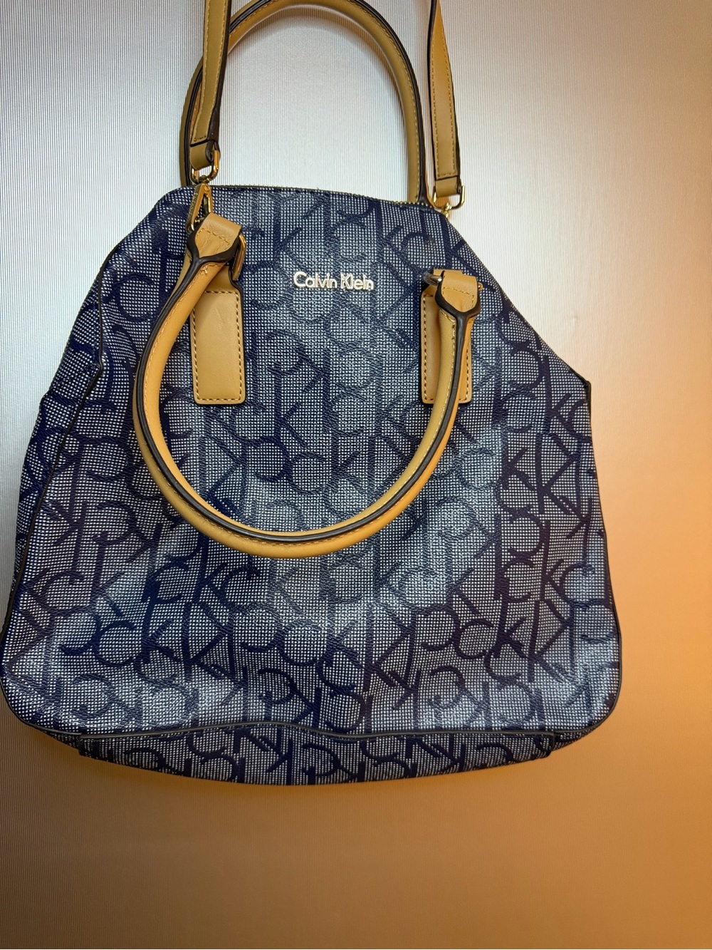Calvin Klein Navy Monogram Satchel with Tan Handles